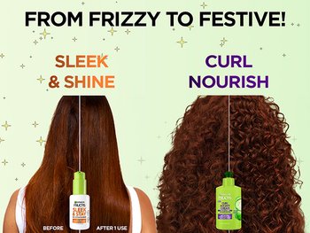 An image with the text "FROM FRIZZY TO FESTIVE!" at the top, showing two hair transformations. On the left, under "SLEEK & SHINE", a person's straight hair is split into "BEFORE" (frizzy) and "AFTER 1 USE" (sleek) with a Garnier Fructis Sleek & Stay product bottle. On the right, under "CURL NOURISH", a person's curly hair is split to show a more defined, nourished curl pattern, with a Garnier Fructis Curl Air Dry Cream bottle below.