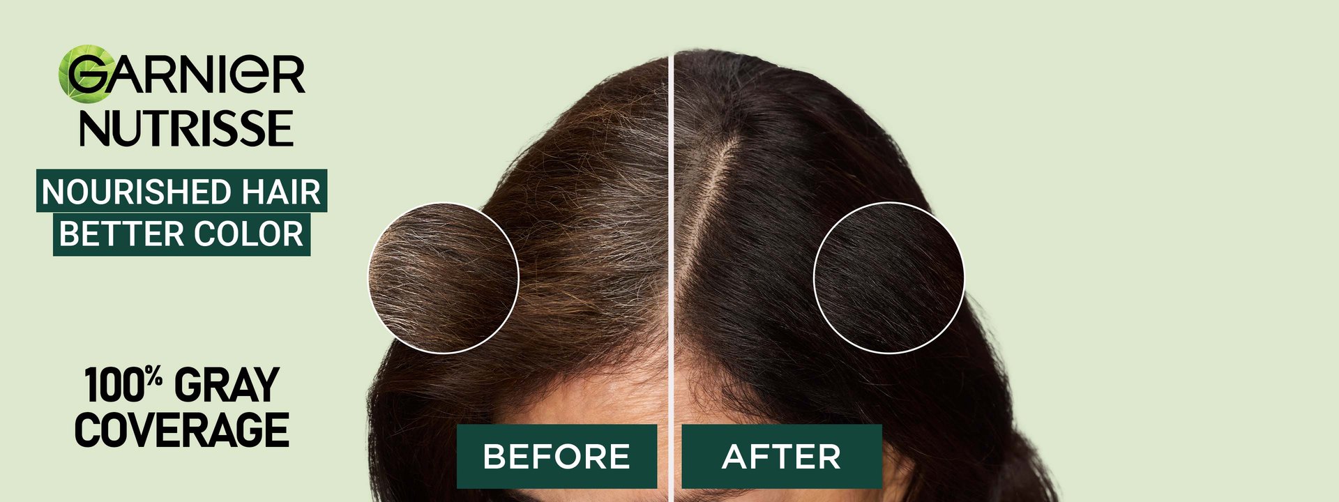 Top shot of a woman's head, brunette hair, showcasing the before and after of her root colors. There are circles zooming in on the hair color presetn before and after application of Nutrisse Creme color. Copy states 100% gray coverage.