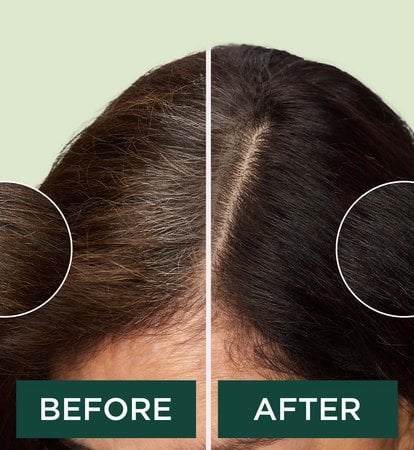 Top shot of a woman's head, brunette hair, showcasing the before and after of her root colors. There are circles zooming in on the hair color presetn before and after application of Nutrisse Creme color. Copy states 100% gray coverage.