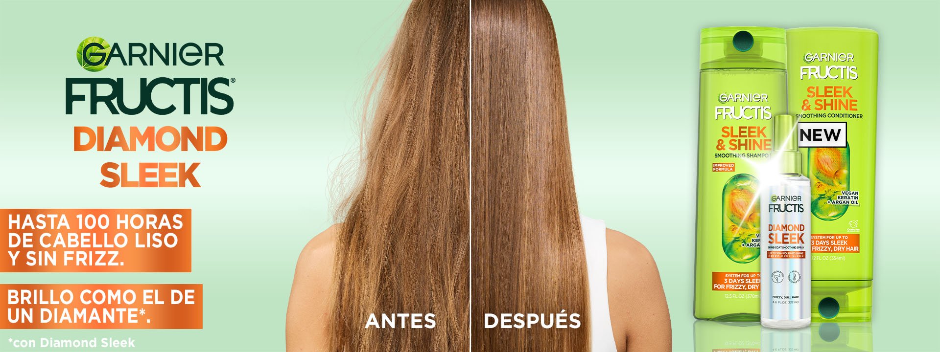 Garnier Fructis Diamond Sleek hair care collection before and after results: featuring long light brown hair showing up to 100H frizz-free sleek hair and diamond-like shine using the Sleek & Shine smoothing shampoo, conditioner, and Diamond Sleek shine-coat smoothing spray with keratin and argan oil.