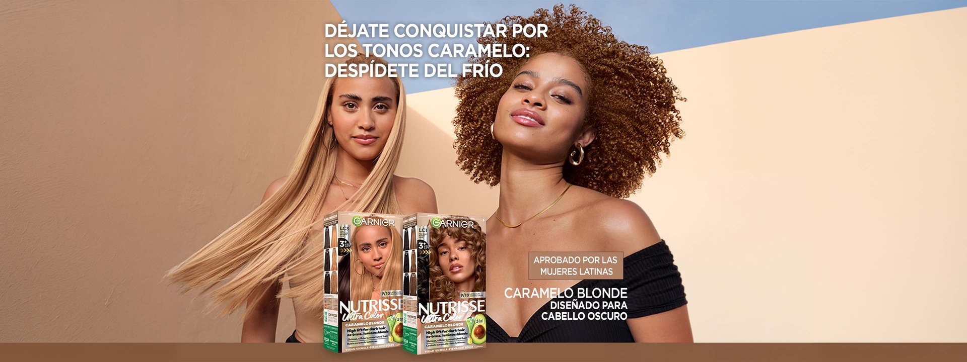 Garnier Ultra Color banner with a woman with long, straight blonde hair beside a woman with curly reddish-brown hair, promoting hair color products under the headline "Caramelos Is Calling: Time to Defrost" and two packs from the Caramelo Blonde hair color collection.
