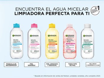 Garnier "Find Your Perfect Micellar Cleansing Water" lineup of five bottles on a light blue background, with an "America's No. 1 Micellar Brand" badge in the top right. From left to right: Garnier Micellar Cleansing Water All-in-1 with a pink cap for Sensitive Skin, Garnier Micellar Cleansing Water All-in-1 with a blue cap for Waterproof Makeup ("99% makeup removed"), Garnier Micellar Cleansing Water + Vitamin C with a yellow bottle and cap for Dull + Uneven Skin ("Instant brighter skin"), Garnier SkinActive Micellar Cleansing Water with Rose Water + Glycerin with a pink-tinted bottle for All Skin Types ("All-in-1 Hydrating"), and Garnier Micellar Cleansing Water + Salicylic with a white cap for Oily to Acne-Prone Skin ("Triple purifying action"). Each bottle stands above a white label box naming its skin concern.