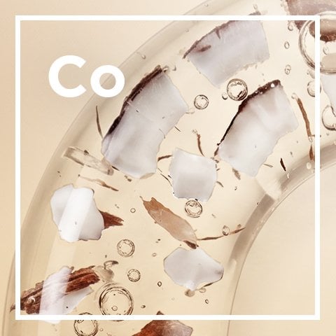 Close-up of coconut flesh fragments and fine shreds suspended in a translucent gel with small bubbles, labeled "Co" to represent a coconut-infused hair or skincare ingredient.