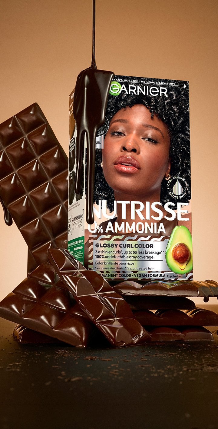 Garnier Nutrisse 0% Ammonia Glossy Curl Color in a dark chocolate brown shade: permanent vegan hair dye for curls featuring 3x shinier hair, 5x less breakage, and 100% gray coverage with avocado oil.