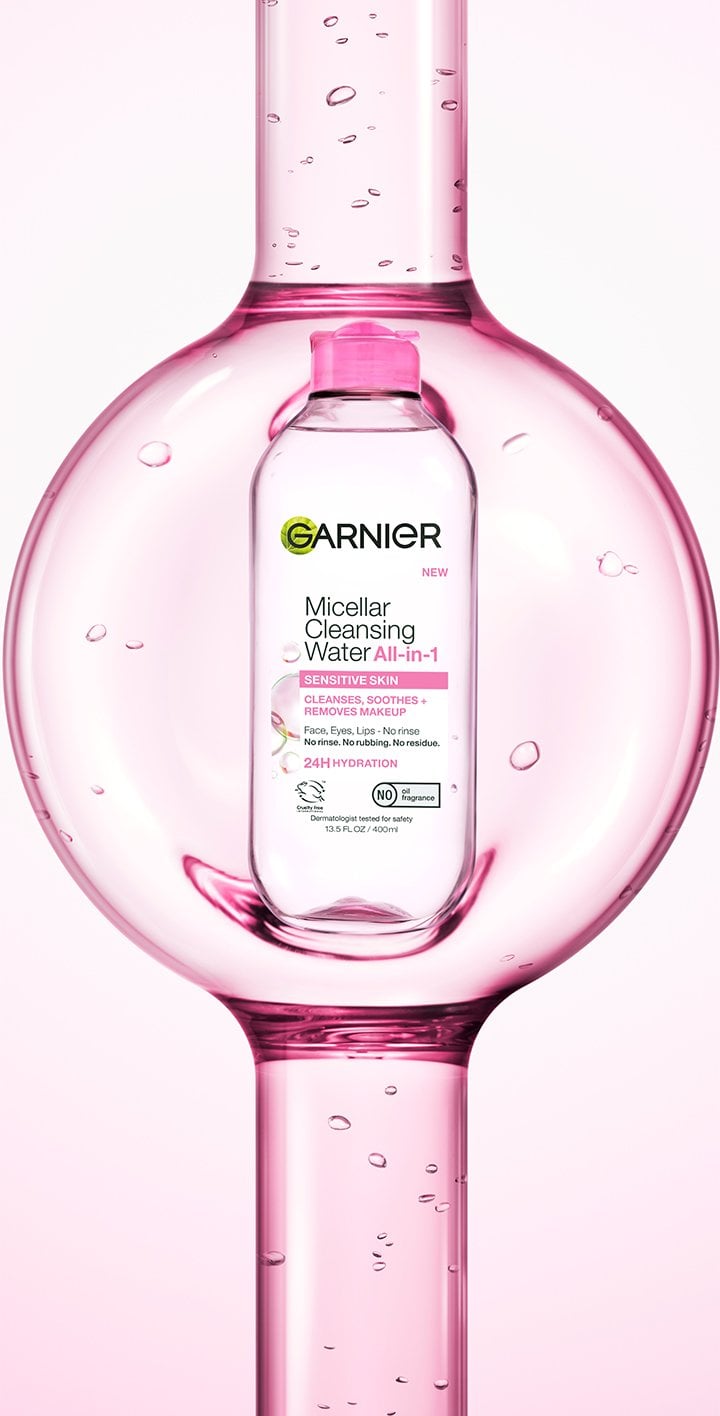 Garnier Micellar Cleansing Water All-in-1 for sensitive skin: 13.5 fl oz bottle showcasing its ability to cleanse, soothe, and remove makeup with 24H hydration and a no-oil, no-fragrance formula.