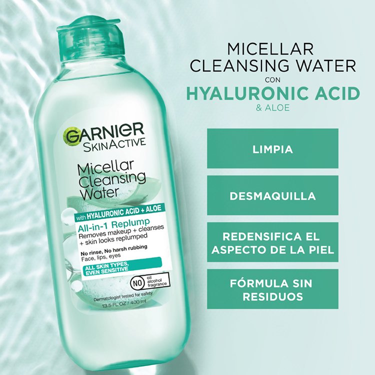 Hyaluronic acid micellar water cleanses and replumps skin's look and feel