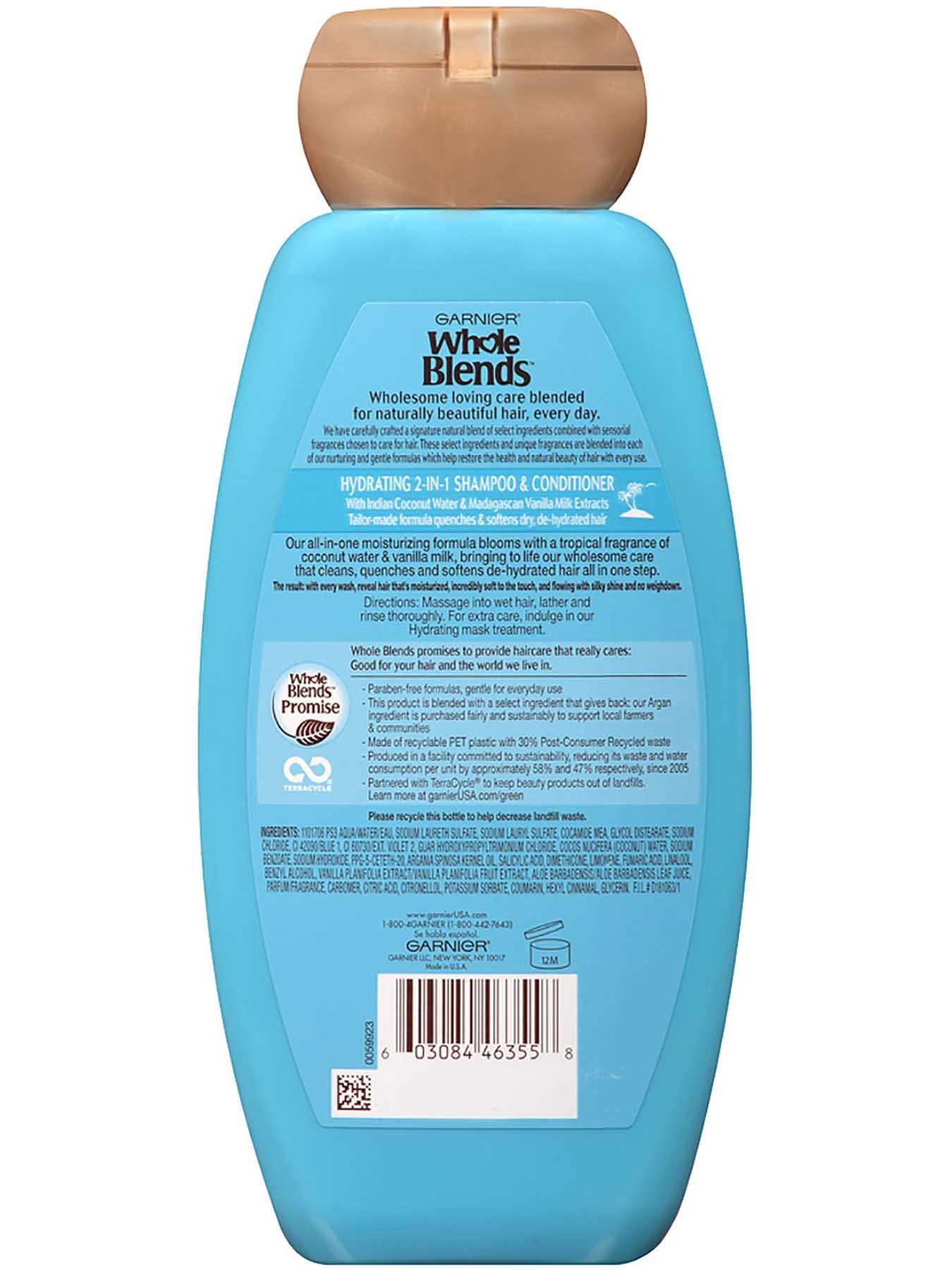 Back view of Hydrating 2-in-1 Shampoo with Coconut Water and Vanilla Milk Extracts.