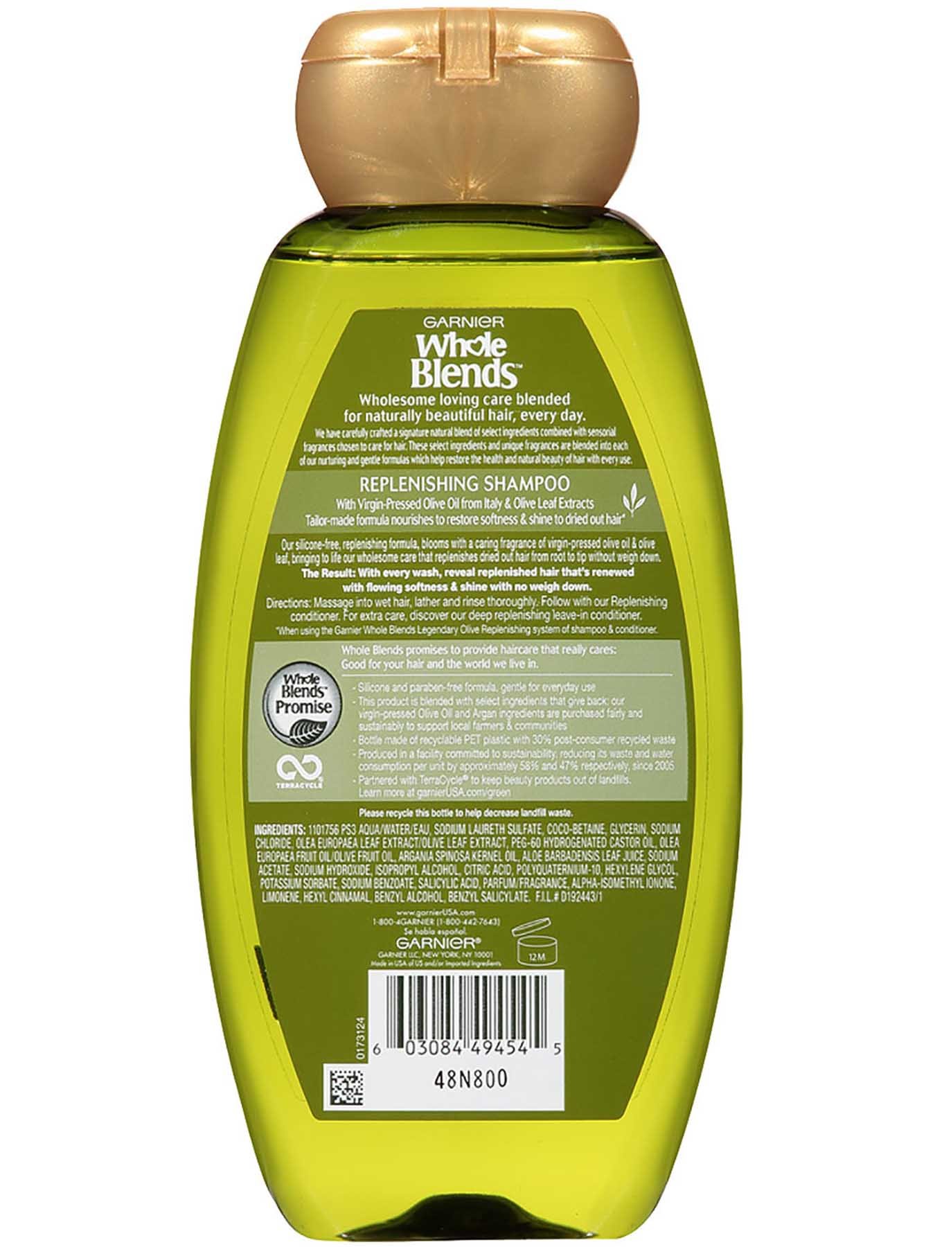 Back view of Replenishing Shampoo with Legendary Virgin-Pressed Olive Oil and Olive Leaf Extracts.