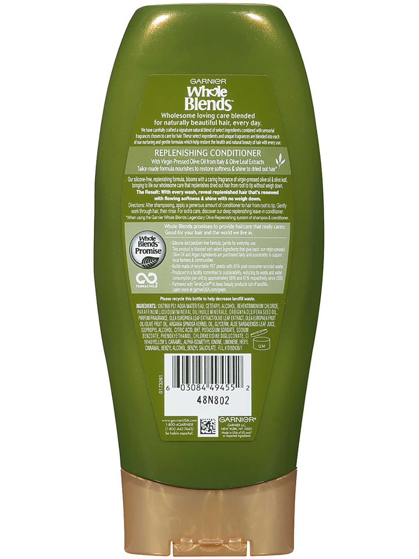 Back view of Replenishing Conditioner with Legendary Virgin-Pressed Olive Oil and Olive Leaf Extracts.