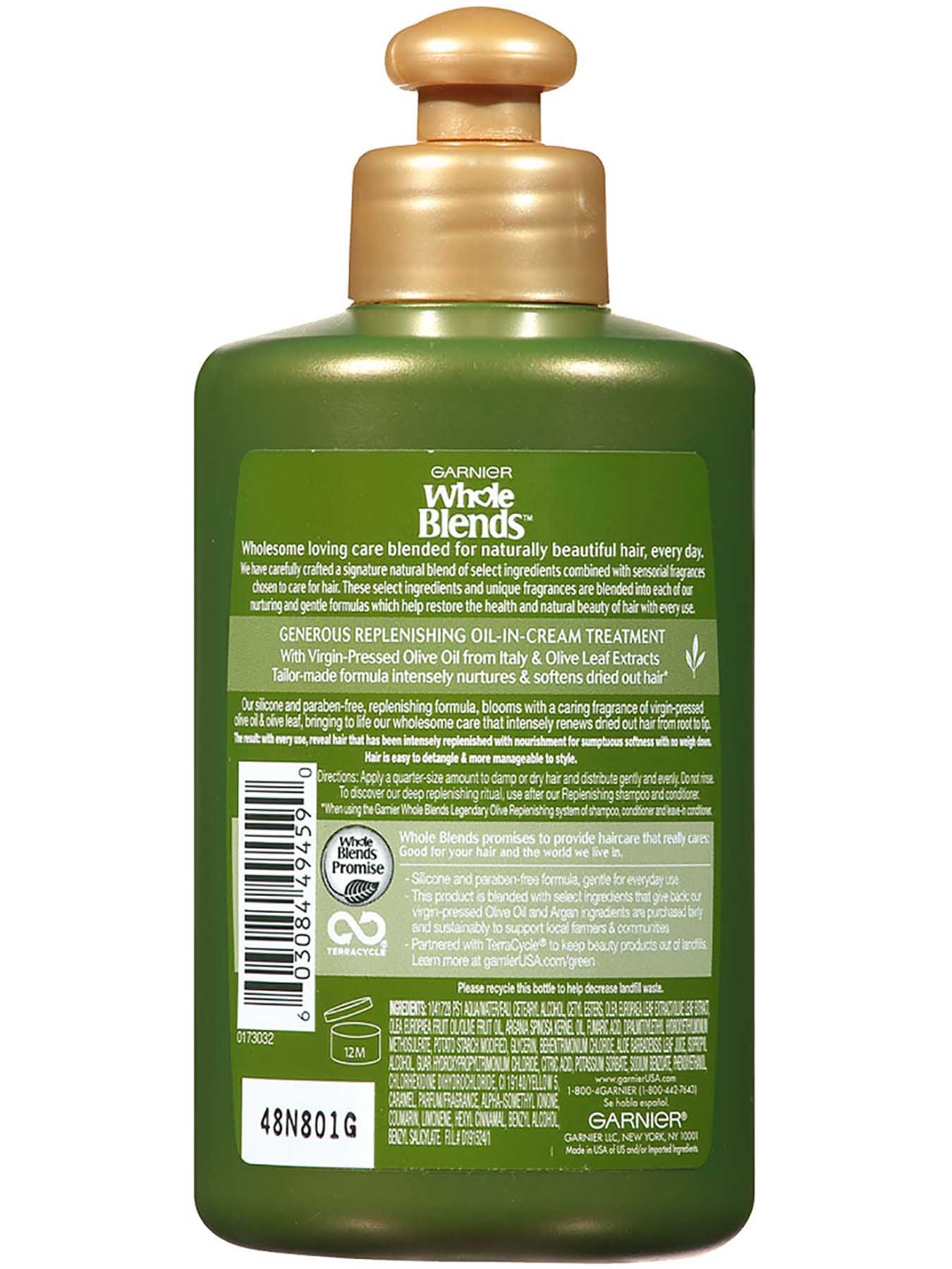 Back view of Replenishing Leave-In Conditioner with Legendary Virgin-Pressed Olive Oil and Olive Leaf Extracts.