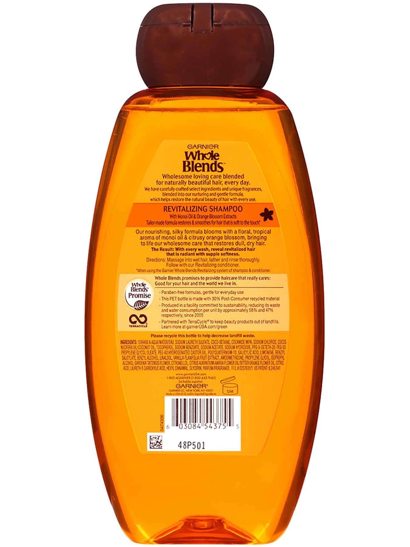 Back view of Revitalizing Shampoo with Monoi Oil and Orange Blossom Extracts.