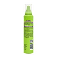 Back view of a Garnier Fructis Curl Construct Creation Mousse bottle showing ingredients and directions for achieving soft curls with no weighdown.