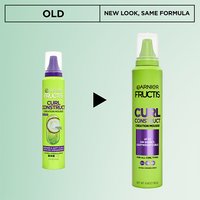 Garnier Fructis Curl Construct Creation Mousse packaging update: showing the old design versus the new look with the same effective formula.