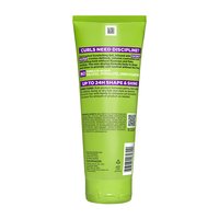 Back of Garnier Fructis Curl Control Scrunching Gel tube showing directions, ingredients, and the 'No Sulfates, Phthalates, DMDM Hydantoin' formula for disciplined curls.