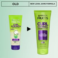 Garnier Fructis Curl Control Scrunching Gel packaging update: transitioning from the old Curl Scrunch Controlling Gel look to the new lime green tube design.