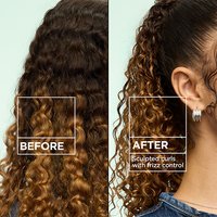 Before and after comparison: frizzy, undefined hair transformed into sculpted curls with frizz control using Garnier Fructis Curl Control Scrunching Gel.