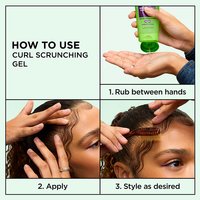 How to use Garnier Fructis Curl Control Scrunching Gel in 3 steps: 1. Rub gel between hands, 2. Apply to curls, 3. Style and tame edges as desired.