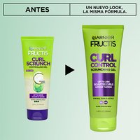 Garnier Fructis Curl Control Scrunching Gel packaging update: transitioning from the old Curl Scrunch Controlling Gel look to the new lime green tube design.