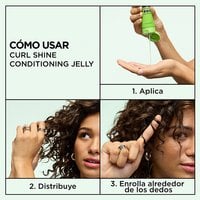 How to use Garnier Fructis Curl Shine Conditioning Jelly in 3 steps: 1. Apply to palm, 2. Distribute through hair, 3. Twist curls around fingers for definition.