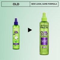 Garnier Fructis Curl Shape Defining Spray Gel packaging update: showing the transition from the old spray bottle design to the new, sleek lime green look.