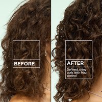 Before and after comparison: frizzy hair transformed into defined, shiny curls with frizz control using Garnier Fructis Curl Shape Defining Spray Gel.