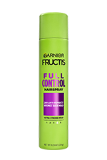 A full-length vertical view of the bright lime green Garnier Fructis Full Control Hairspray can against a white background.