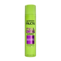 A full-length vertical view of the bright lime green Garnier Fructis Full Control Hairspray can against a white background.
