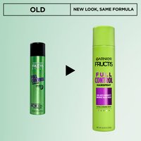 A comparison graphic showing the "OLD" hairspray can (black top, green bottom) transitioning with an arrow to the "NEW LOOK" can (entirely lime green), with text stating "NEW LOOK, SAME FORMULA".