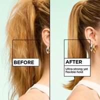 A side-by-side comparison of a ponytail. The "BEFORE" side shows frizzy, unkempt hair, while the "AFTER" side shows smooth hair with "Ultra-strong yet flexible hold".