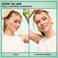 A two-step "HOW TO USE" graphic. Step 1 shows a woman spraying her hair, labeled "1. Spray." Step 2 shows her lifting a section of hair, labeled "2. Lift hair & maintain".
