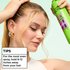 A close-up of a woman spraying the product. An overlay box reads "TIPS: For the most even spray, hold 8-12 inches away from your hair".