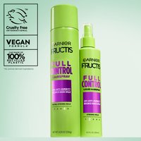 Two products are shown side-by-side: the Full Control Hairspray and the Full Control Liquid Hairspray. Logos on the left indicate "Cruelty Free International," "Vegan Formula," and "100% Recycled Plastic".