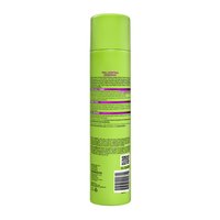 A vertical shot of the back of the lime green hairspray can, showing the ingredient list, detailed usage instructions, and safety warnings.