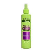 A front visual of the product packaging of the Garnier Fructis Full Control Anti-Humidity Non-Aerosol Hairspray. This hairspray has a strong, yet flexible hold formula infused with bamboo extract.