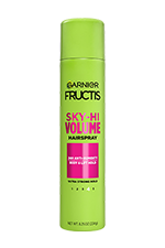 A full-length vertical view of the bright lime green Garnier Fructis Sky-Hi Volume Hairspray can against a white background.