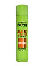 A front visual of the Garnier Sleek & Shine Hairspray bottle. This aerosol hairspray delivers ultra-strong hold with an invisible anti-frizz shield.