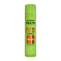 A front visual of the Garnier Sleek & Shine Hairspray bottle. This aerosol hairspray delivers ultra-strong hold with an invisible anti-frizz shield.