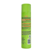 A back visual of the Garnier Sleek & Shine Hairspray bottle. This aerosol hairspray delivers ultra-strong hold with an invisible anti-frizz shield.