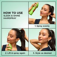 The Garnier Sleek & Shine Hairspray can be applied in 3 simple steps: spray evenly, lift hair & spray again, and then style as desired.