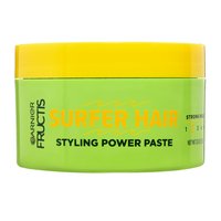 A horizontal view of the Garnier Fructis Surfer Hair Styling Power Paste tub, which is bright lime green with a vibrant yellow lid.