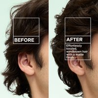 A side-by-side comparison of hair texture from the side. The "BEFORE" side shows flat hair, while the "AFTER" side shows "Effortlessly tossed, windblown hair with a matte finish".