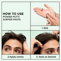 A three-step "HOW TO USE" graphic. Step 1 shows rubbing the product in hands ("1. Rub"), Step 2 shows applying it to hair ("2. Apply evenly"), and Step 3 shows final styling ("3. Style as desired").