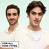 Two men with different hair textures—one with dark curls and one with wavy hair—posing together. Text at the bottom reads "FOR ALL HAIR TYPES".