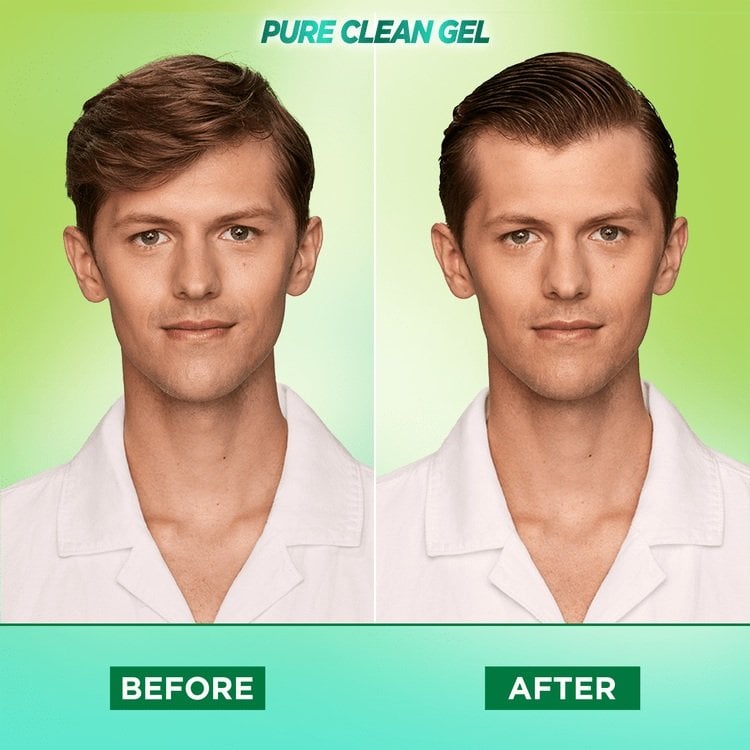 A before and after image of a man with brown hair using Garnier Fructis Pure Clean Styling Gel. The man achieves a slicked-back hair style using the product.