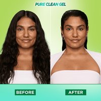 A before and after image of a woman with black hair using Garnier Fructis Pure Clean Styling Gel. The woman achieves a slicked-back hair style using the product.