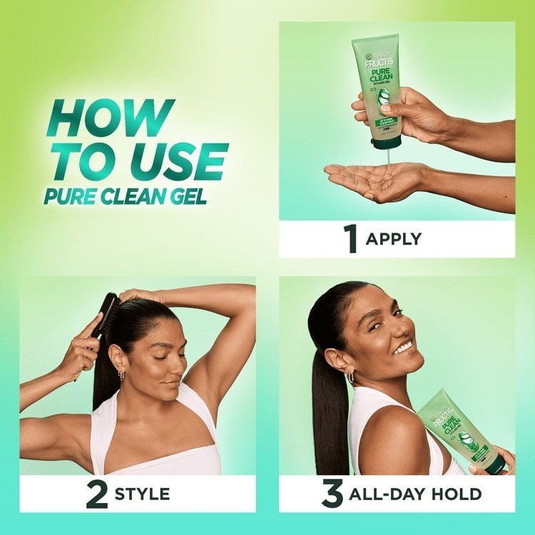 A how to use guide for the Garnier Fructis Pure Clean Styling Gel. This product requires 3 steps: apply, style, and all-day hold.