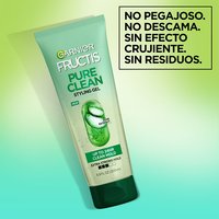 Front packaging of the Garnier Fructis Pure Clean Styling Gel. This product formula is non sticky, non flaky, non crunchy, and has no residue.