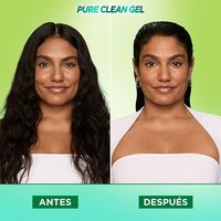 A before and after image of a woman with black hair using Garnier Fructis Pure Clean Styling Gel. The woman achieves a slicked-back hair style using the product.