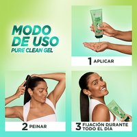 A how to use guide for the Garnier Fructis Pure Clean Styling Gel. This product requires 3 steps: apply, style, and all-day hold.