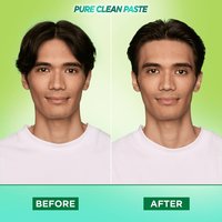 A before and after image of a man with black hair using Garnier Fructis Pure Clean Finishing Paste. The man achieves a slicked-back hair style using the product.